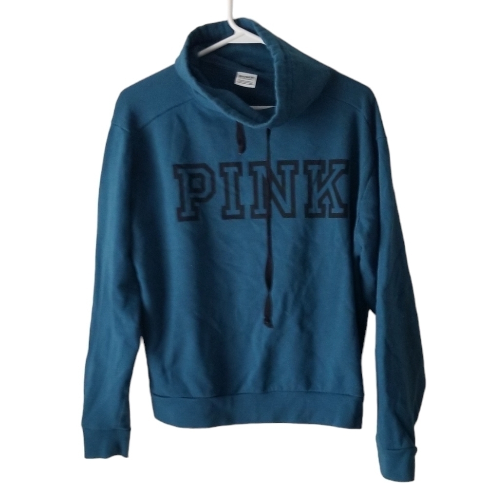 PINK Teal Drawstring Cowlneck Sweatshirt with PINK Logo Size S